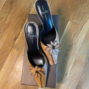 Paolo Tan Mules with Floral Accent